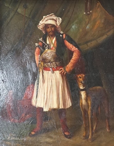 E. Lawson, oil on panel, Arab warrior and hound standing before a tent, signed, 24 x 19cm, ornate gilt frame